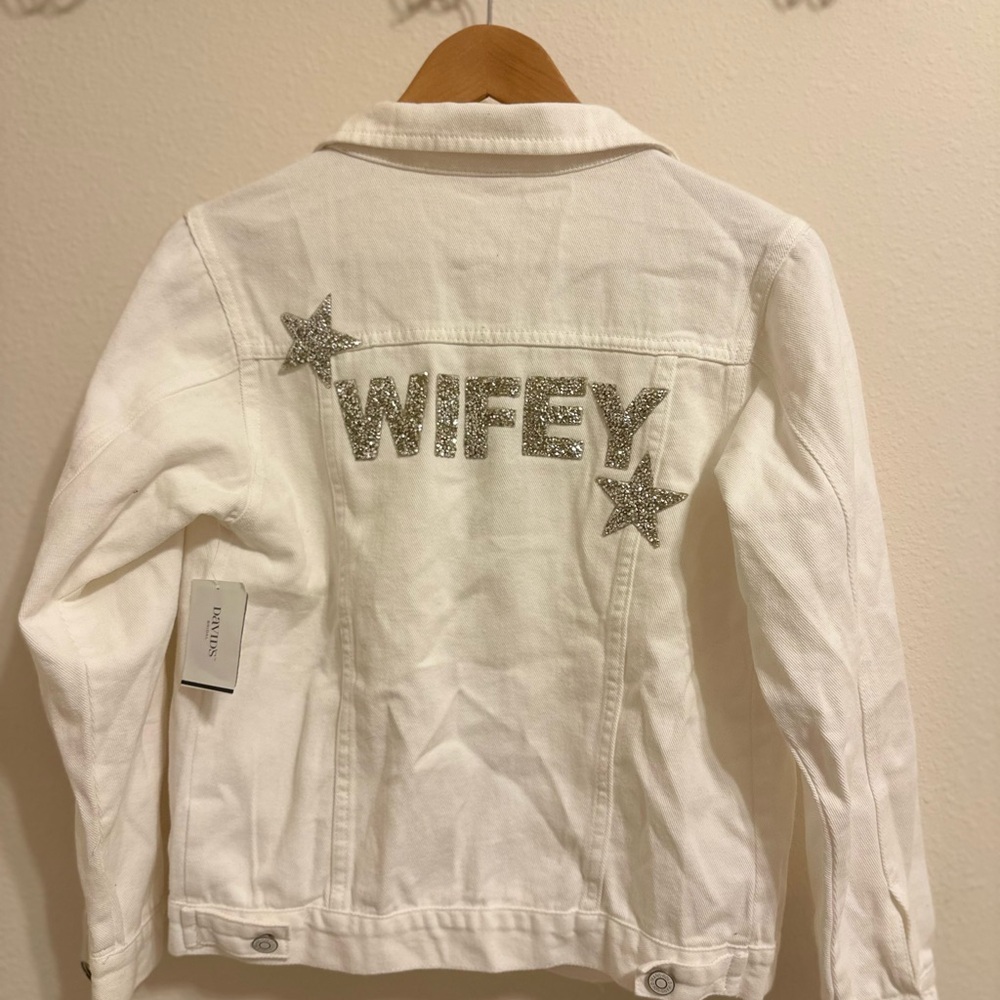 David’s bridal white jean jacket-beaded WIFEY-wedding